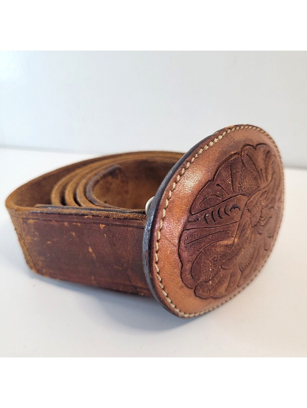 Wild Rose Men’s Size 34" Brown Leather Western Belt Tooled Floral Buckle Vintage - Picture 2 of 7